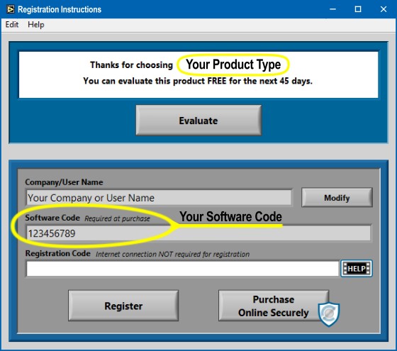 Software Registration Instructions - ensure your Product Type matches and enter your Software Code